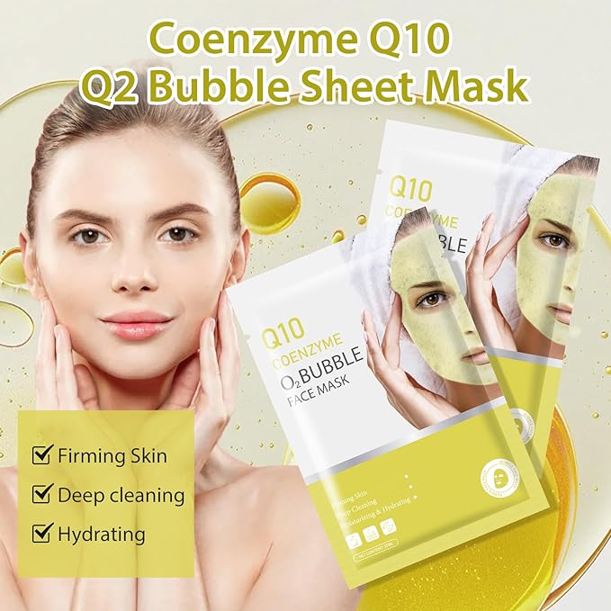 10 Sheets Coenzyme Q10 O2 Bubble Masks for Face, Bubble Face Mask Skincare for All Skin Types, Deep Cleansing Moisturizing Facial Mask Skin Care for Pores, Firming, Purifying, Sheet Masks for Spa-Velvo Beauty