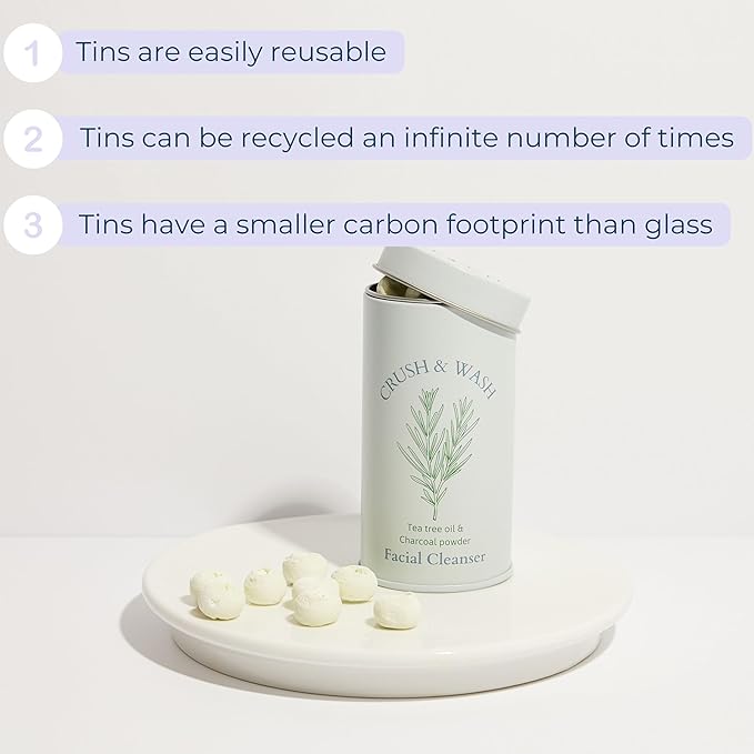 3-in-1 Solid Facial Cleanser, Exfoliator, and Wash-off Mask - Vegan, Cruelty-Free, Plastic-Free, Travel-Friendly, 1 Month Supply (60 Crushable Tablets) in Tin (Calming Beans in Tin)-Velvo Beauty
