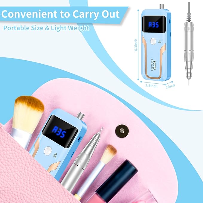 Portable Nail Drill Professional, 35000 RPM Rechargeable Electric Nail File Machine E File for Acrylic Nails Gel Polishing Removing, Cordless E-file with Bits Kit for Manicure Salon Home,Blue-Velvo Beauty