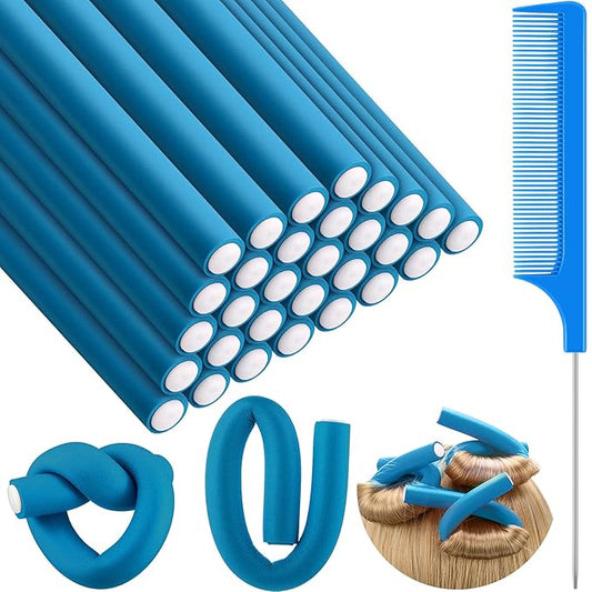 Syhood 30 Pieces Flexible Curling Rods Twist Hair Rollers Soft Foam Rods No Heat and 1 Pcs Steel Rat Tail Comb for Women Long and Short Hair(7 x 0.7 Inch,Blue)-Velvo Beauty