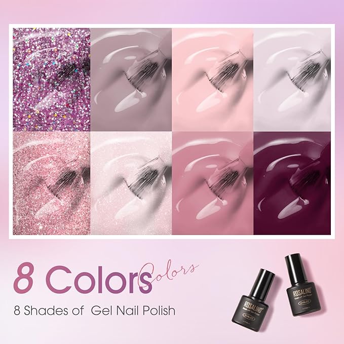 ROSALIND Pink Purple Gel Nail Polish Set, 8 Colors Pink Glitter Gray Gel Polish, Gentle Pink Elegant Purple Classic Gel Polish Collection Nail Art Gift DIY at Home-Velvo Beauty