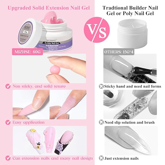 MIZHSE Solid Nail Builder Gel, 2.1 oz 60g Pink Builder Gels for Nails Non-Sticky Solid Builder Extensions Hard Gel with 24pcs Dual Forms and Silicone Pen 3D Art Manicure Set-Velvo Beauty