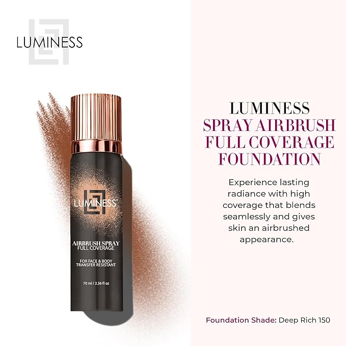 LUMINESS Spray Airbrush Foundation Makeup, Deep Rich Shade 150 - Lightweight, Full Coverage Foundation for Face, Neck, & Body - Concealer for Seamless Blending, Natural-Looking Finish, 2.36 fl oz-Velvo Beauty