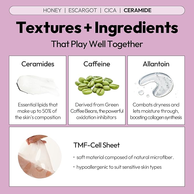 LAPCOS Skin Barrier Repair Sheet Mask Variety Pack – Escargot, Cica, Ceramide, Honey 4 Types of Face Mask Set – Daily Korean Skin Care w/Snail Mucin, Centella Asiatica & Niacinamide (12 ea)-Velvo Beauty