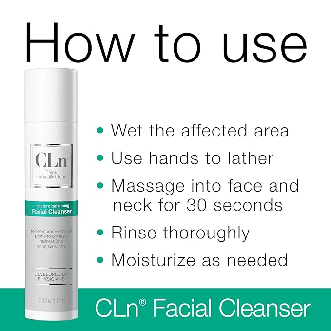CLn® Facial Cleanser - Hydrating Facial Cleanser with Glycerin, For Skin Prone to Dryness, Eczema, Redness, Irritation & Acne Sensitivity, Fragrance-Free & Paraben-Free, 3.4 fl. oz.-Velvo Beauty
