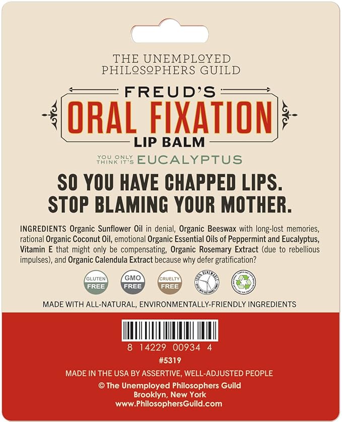 Sigmund Freud's Oral Fixation Lip Balm Tube, Eucalyptus Mint Flavored - Cruelty-Free and Made in The USA from Natural and Imported Ingredients-Velvo Beauty