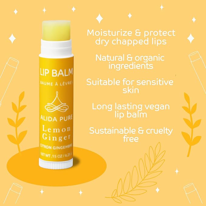 Lemon Ginger Lip Balm Collection, Vegan Lip Balm Set, Bees Wax Free, with Avocado Oil, Organic Jojoba Oil, Vitamin E, Natural Moisturizer For Dry, Cracked, or Chapped Lips, 3 Tube Set-Velvo Beauty