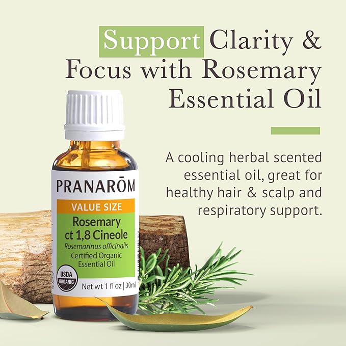 Pranarom USDA Certified Organic Rosemary Cineole Essential Oil (30ml), 100% Pure Undiluted Therapeutic Grade from Tunisia for Aromatherapy, Diffuser, Meditation, Massage, Relaxation-Velvo Beauty