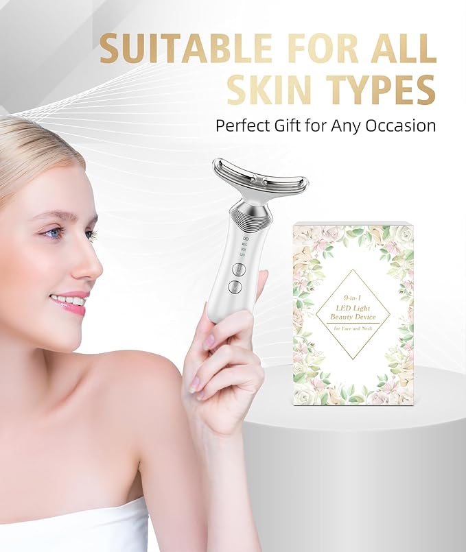 9-in-1 Red-Light-Therapy-for-Face-and-Neck, Portable Facial Massager Tool with Adjustable Vibration & Thermals for Wrinkles, Double Chin, White-Velvo Beauty