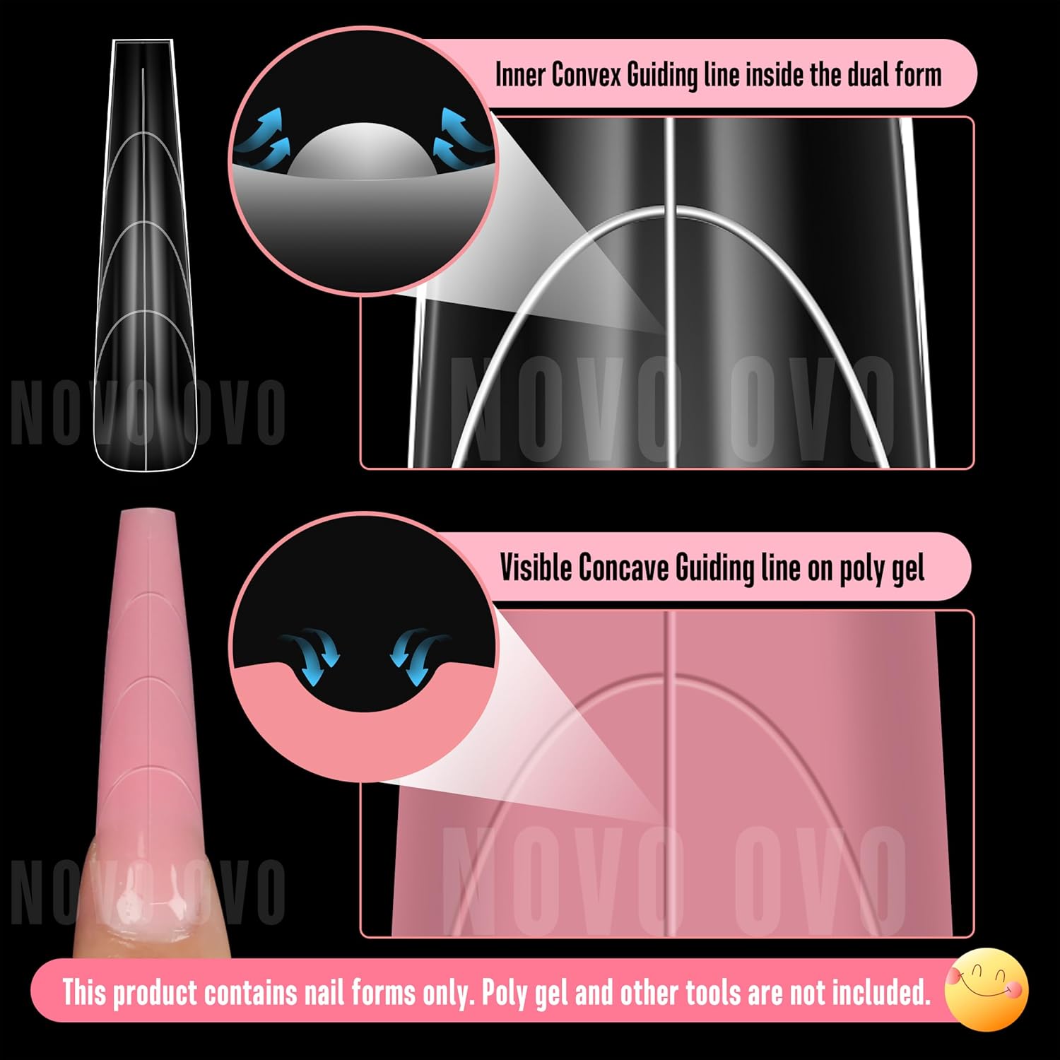 Tapered Square (Natural not Sculpted) Nail Dual Forms for Poly Gel Extension with Guiding Line Inside, XL XXL Reusable Full Cover Acrylic Builder Hard Gel Polygel Molds x 15 sizes 150 Pcs-Velvo Beauty