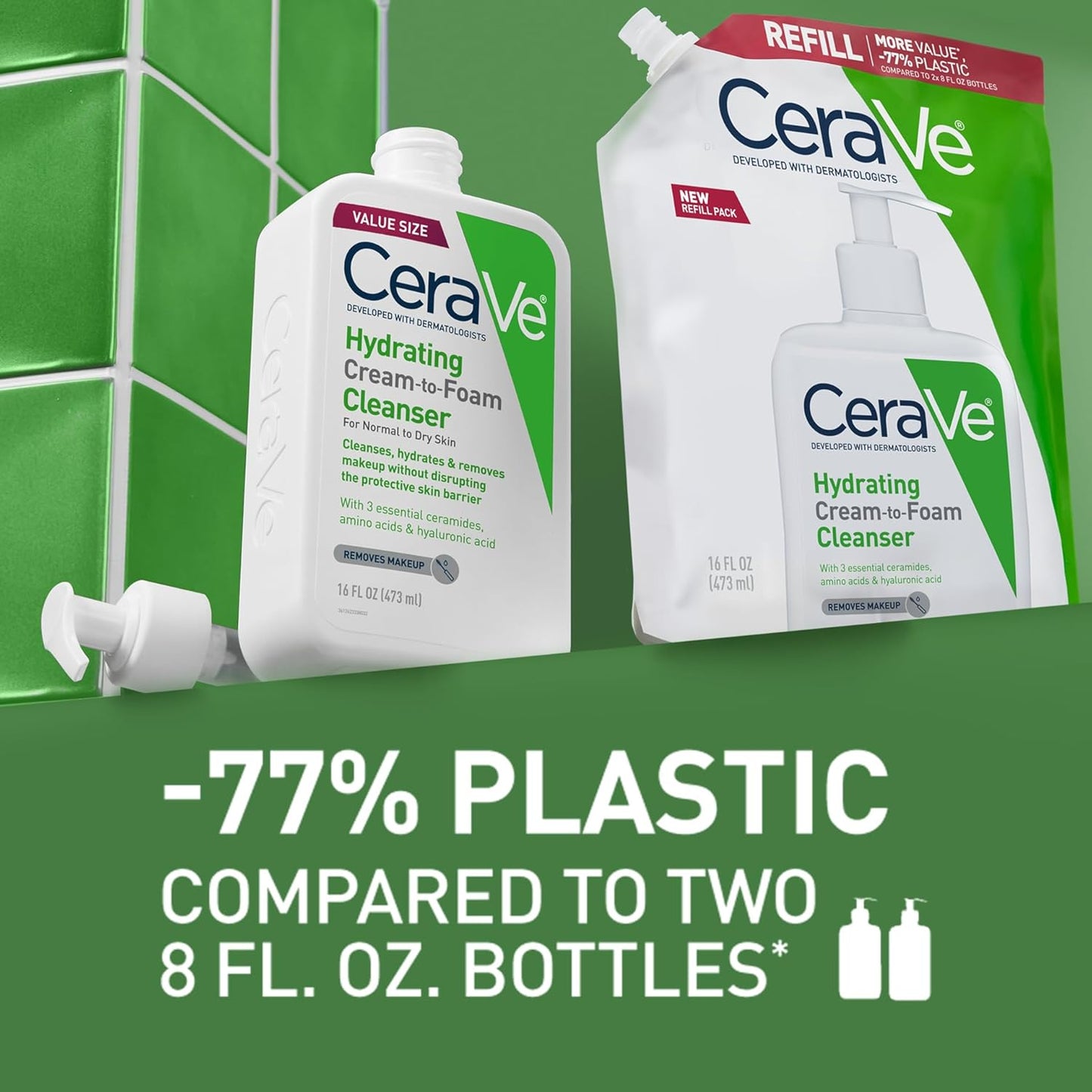 CeraVe Hydrating Cream To Foam Cleanser, Makeup Remover Face Wash For Dry Skin, Foaming Facial Cleanser With Hyaluronic Acid, Normal To Dry Skin, Fragrance Free & Non Comedogenic, 16 Ounce Refill-Velvo Beauty