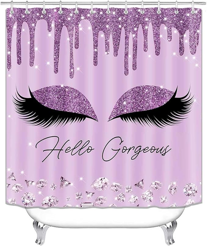 4PCS Purple Glitter Hello Gorgeous Shower Curtain Set, Glam Bling Diamond Rhinestones Gem Makeup Unicorn Eyelash Bathroom Decor, Waterproof Fabric Shower Curtain, Non-Slip Bath Mat Toilet Rug-Velvo Beauty