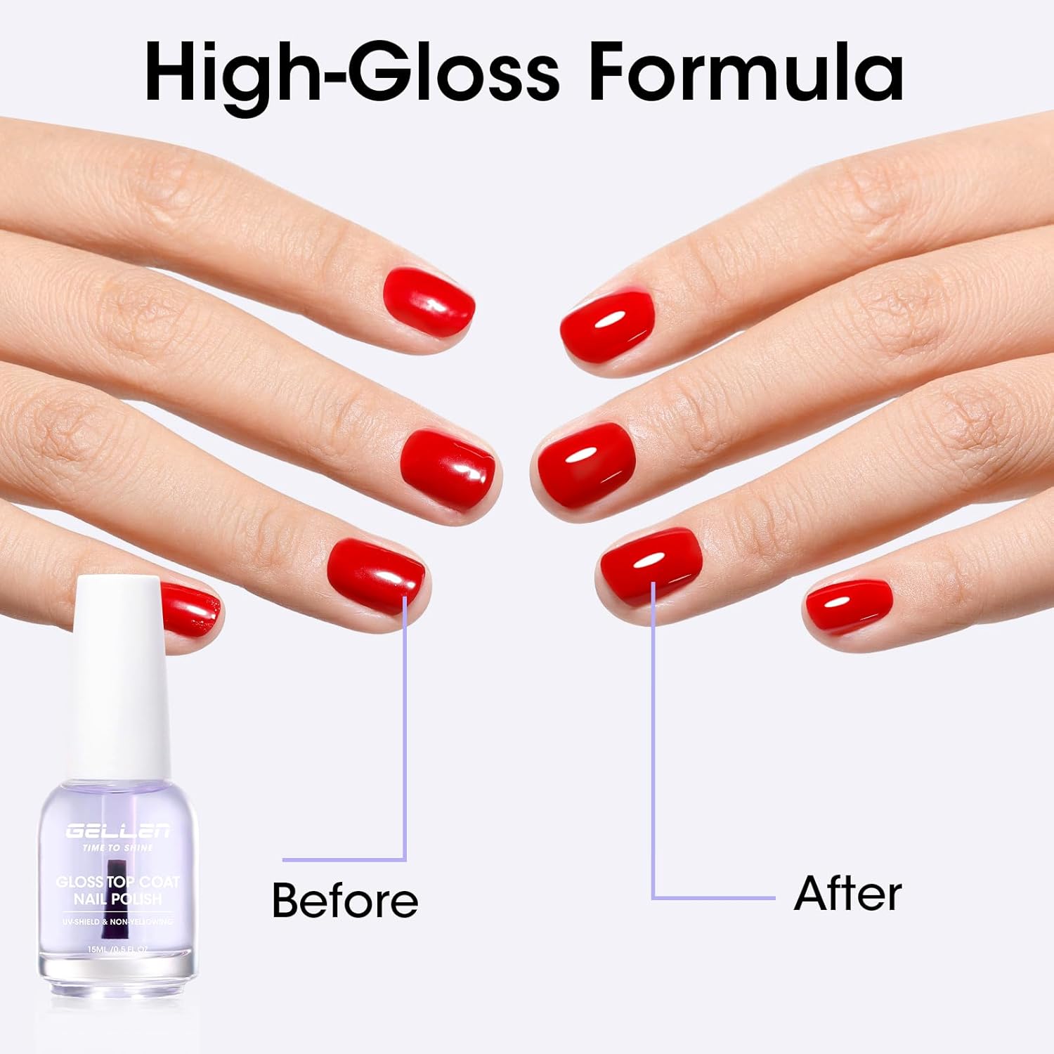 GELLEN Clear Nail Polish Top Coat, High Gloss Shine Top Coat Quick Air Dry UV-Resistant, Long Wear and Scratch Resistant, Chip Resistant, Protects Color & Nails, Non UV Gel, Hema Free, Non-toxic-Velvo Beauty