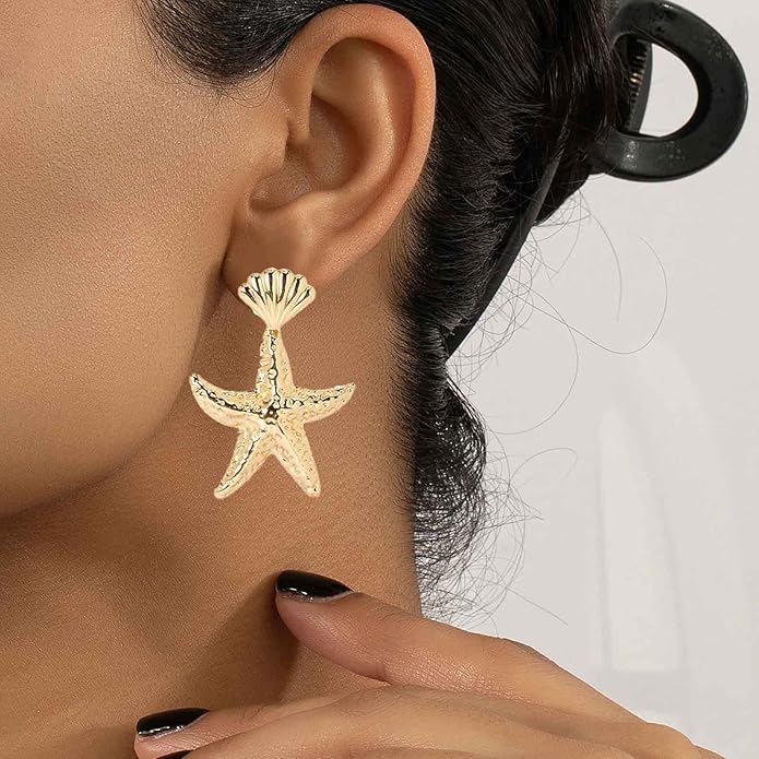 Vintage Starfish Dangle Earrings Starfish Drop Earrings Gold Metal Seashell Stud Earrings Hammered Starfish Earrings Jewelry for Women-Velvo Beauty