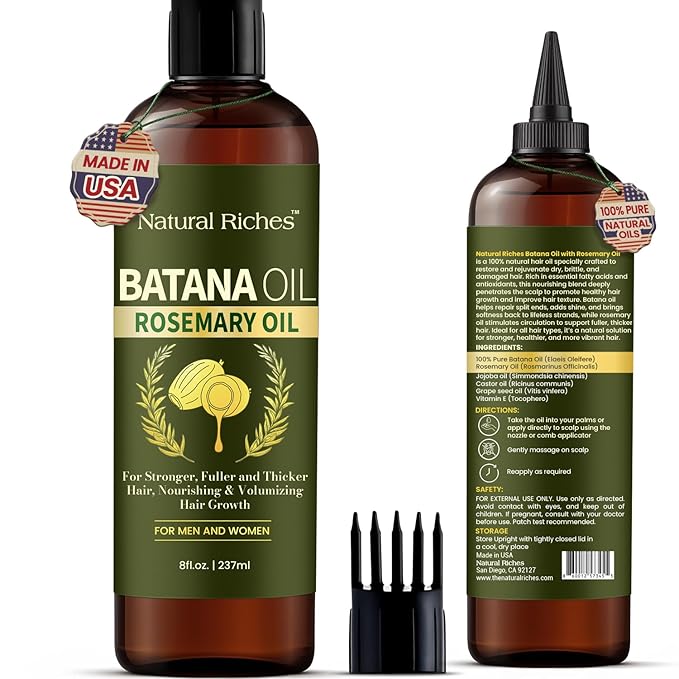 Natural Riches Rosemary & Batana Hair Oil (8 fl oz) | Revitalizing and Strengthening Hair Treatment for Fuller, Healthier-Looking Hair | Paraben Free | Suitable for All Hair Types-Velvo Beauty