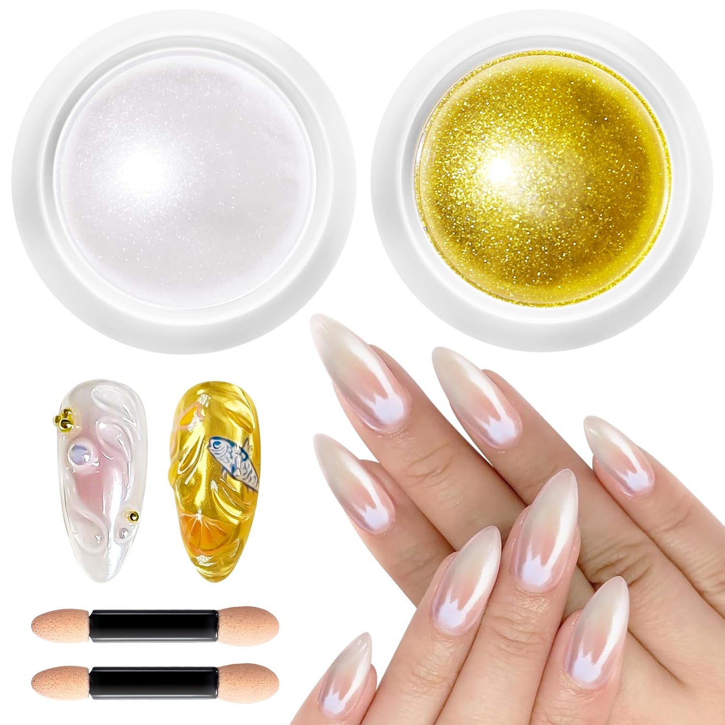Gold Chrome Nail Powder BISHENGYF -【Magic Mirror Effect】 Pearl Chrome Nail Powder White Clear Aurora Mermaid Iridescent Nail Chrome Powder Pigment Glitter Dust for Manicure Decoation DIY-Velvo Beauty