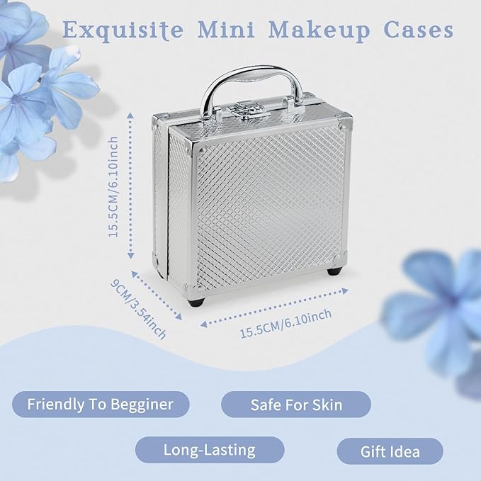 Color Nymph Beginner Makeup Kit For Teens With The Small Cosmetic Train Case Included 24-Colors Eyeshadow Palette Blushes Bronzer Highlighter Lipstick Brushes Mirror(Silver)-Velvo Beauty