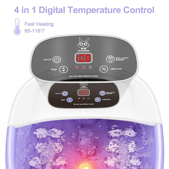 Foot Spa Bath Massager with Heat Bubbles and Vibration Massage and Jets, 16 OZ Calming Lavender Foot Soak Epsom Salt, MoodRelish Foot Soaker With Red Light, 22 Massage Rollers, Adjustable Temp -Purple-Velvo Beauty