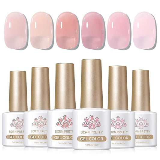 Born Pretty Jelly Pink Gel Nail Polish Set,Nude Pink Translucent Gel Polish,6 Transparent Sheer Colors Soak Off U V Light Cure Gel Polish Kit Nail Art Manicure DIY Kit Home Salon 7ML-Velvo Beauty