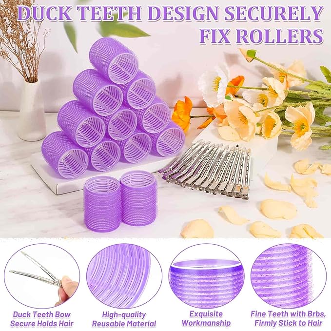Acejoz Hair Rollers, 12Pcs Large Self-Grip Hair Curlers with 12Pcs Stainless Steel Duckbill Clips, for Long Medium Thick Hair Volume (Purple)-Velvo Beauty
