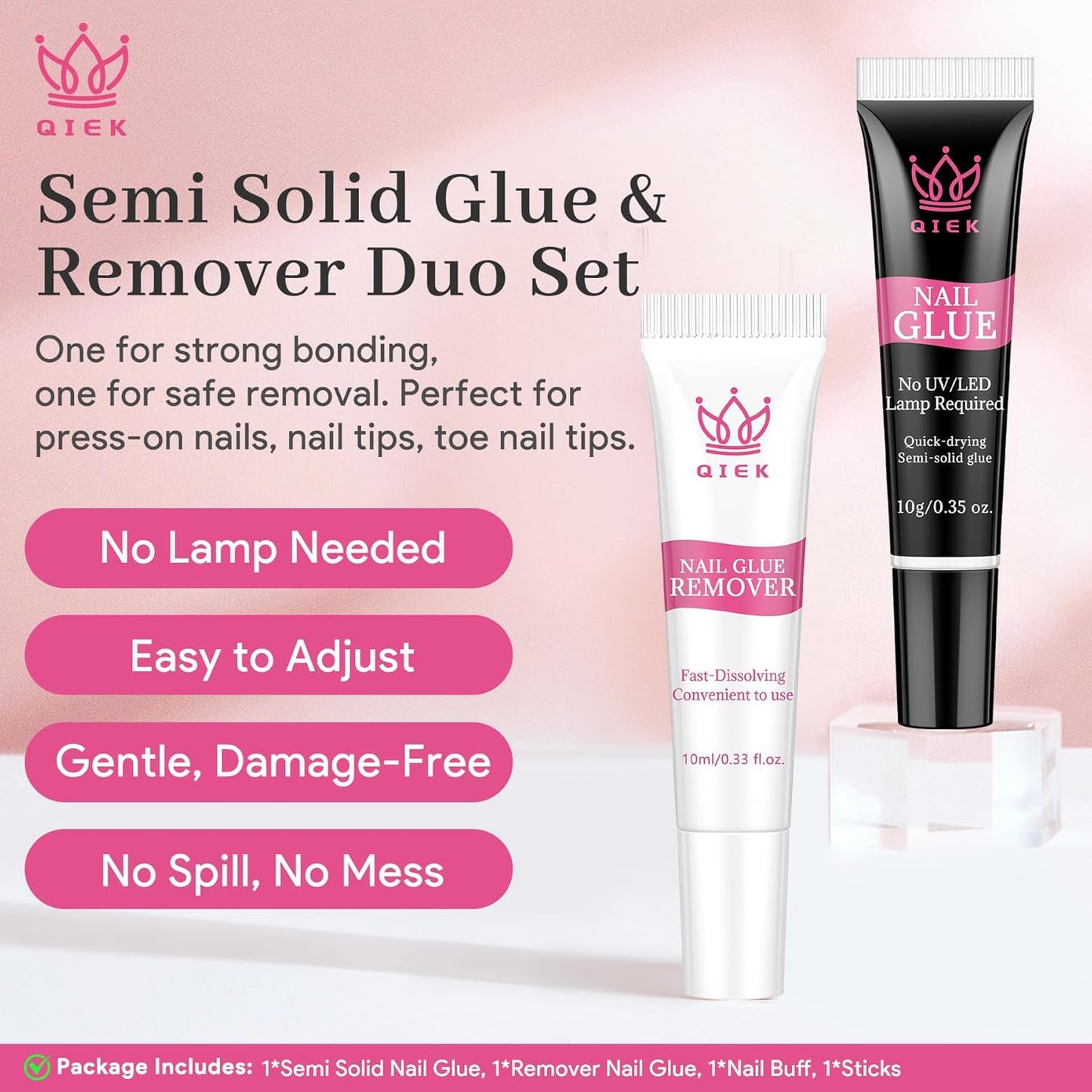 No-Lamp Nail Glue & Remover Set for Press Ons, 10ml Quick Dry 28 Days Super Strong Hold Glue on Nails, 10g Gentle Easy Removal with Tools Set for Beginner DIY Home, Not for Gel Polish Base Coat-Velvo Beauty