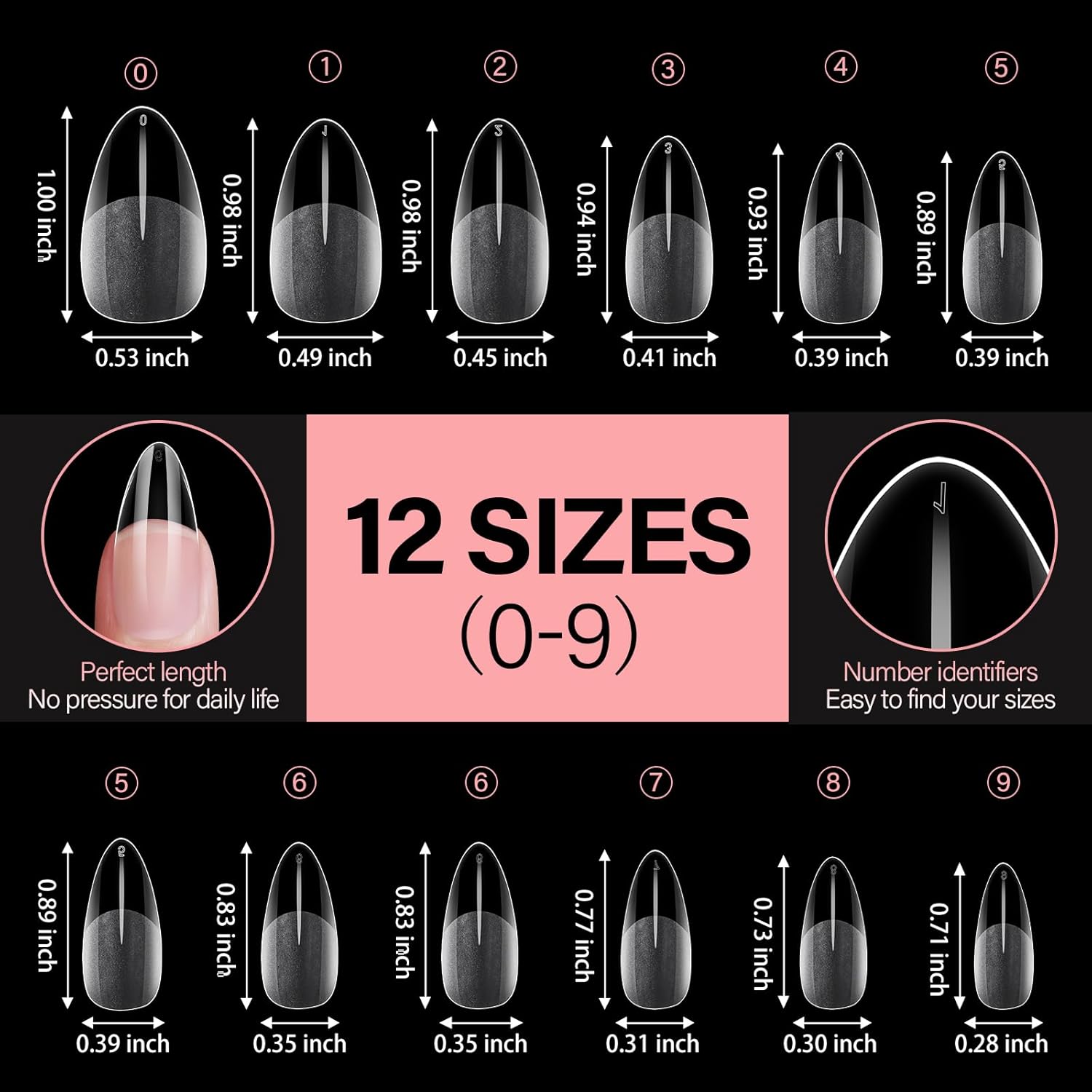 AILLSA Medium Almond Nail Tips Pre-Shaped Acrylic Nails Tips Half Matte Full Cover Tips Clear Gelly Press on Flase Nail Tips for Extension Nail Manicure Home DIY 216PCS 12Sizes-Velvo Beauty