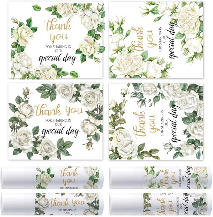 OLYCRAFT 100Pcs Self-Adhesive Lip Balm Tag Stickers 1.7x2.1 inch Waterproof Adhesive Stickers with White Rose Flower Lipstick Tag Sticker for Lip Balm Container Tubes Lipstick Wrapping Decoration-Velvo Beauty