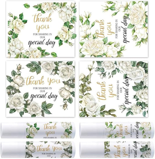 OLYCRAFT 100Pcs Self-Adhesive Lip Balm Tag Stickers 1.7x2.1 inch Waterproof Adhesive Stickers with White Rose Flower Lipstick Tag Sticker for Lip Balm Container Tubes Lipstick Wrapping Decoration-Velvo Beauty