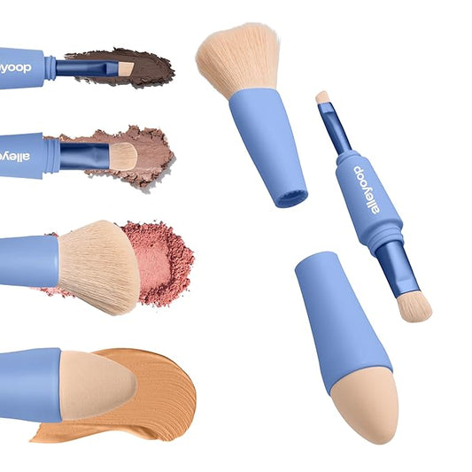 Alleyoop Multi-Tasker 4-in-1 Travel Makeup Brush Set – Compact Makeup Brushes with Blending Sponge, Eyeshadow, Eyebrow & Liner, Blush & Bronzer Brush – Mini Makeup Tools Kit for Women, Vegan-Velvo Beauty