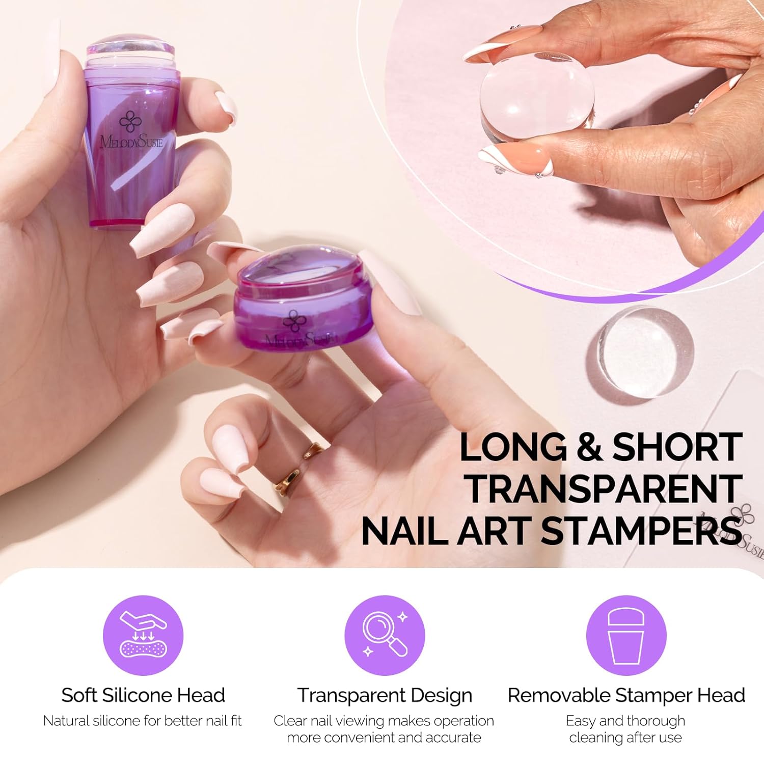 MelodySusie French Nail Stamper, Nail Stamper Kit, Silicone Nail Stamp, Long and Short Stampers with Scrapers, 4PCS Nail Stamper Tool for French Manicure DIY Home Nail Design Salon, Purple-Velvo Beauty