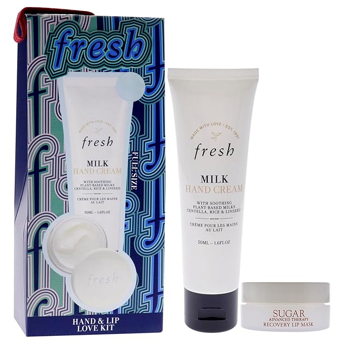 Fresh Hand And Lip Love Kit for Women - 2 Pc 1.6oz Milk Intensive Hand Cream, 0.3oz Sugar Recovery Lip Mask Advanced Therapy-Velvo Beauty