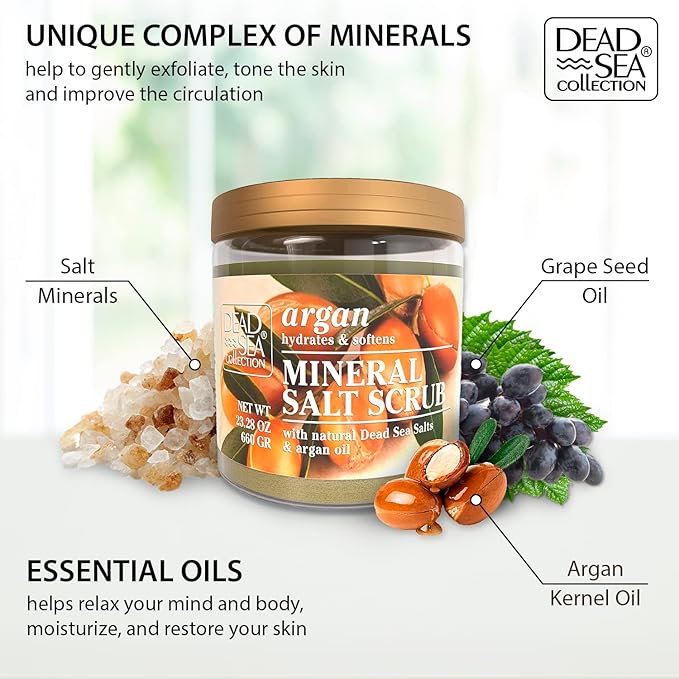 Dead Sea Collection Argan Salt Scrub – Exfoliating Body Scrub for Women – Moisturizing and Nourishing Skin – with Pure Oils and Dead Sea Minerals (23.28 Oz)-Velvo Beauty