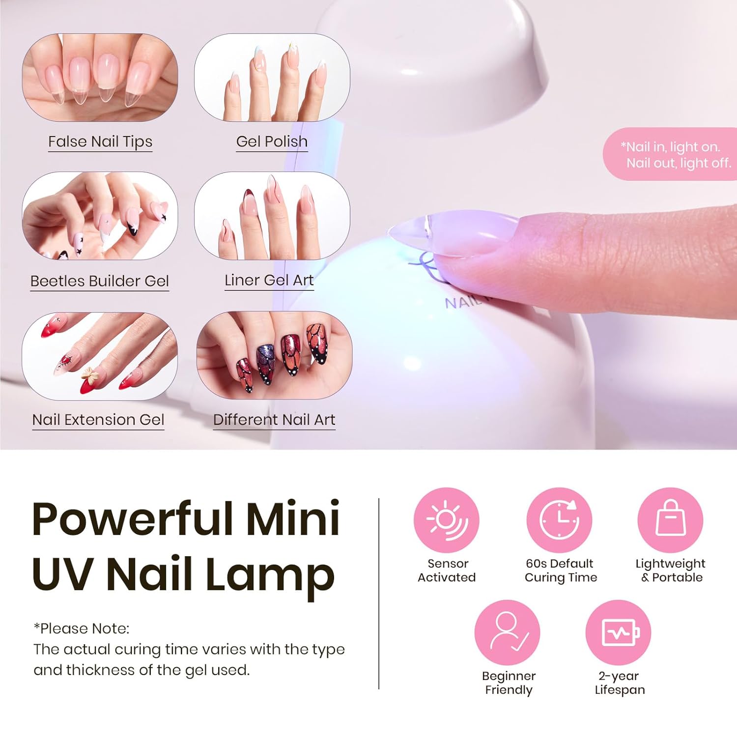 Beetles Tipex Gel Nail Kit, Medium Almond Nail Tips 224 Pcs 16 Sizes Pre-Building Pre-Etched False Nail Tips with Tipex Nail Glue, Mini Nail Lamp Thick Acrylic Nail Set Halloween Nails-Velvo Beauty