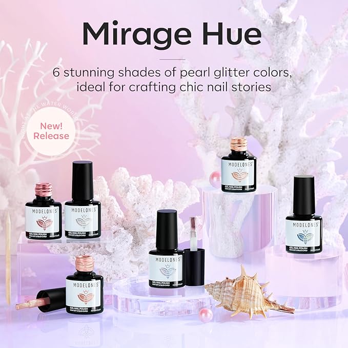 modelones Pearl Gel Nail Polish, 6 Colors Shimmer Glitter Iridescent White Nude Blue Pink Mermaid Nail Drawing Soak Off Gel Polish Swirl Shell Thread Effect Gift DIY at Home with Dotting Pen-Velvo Beauty