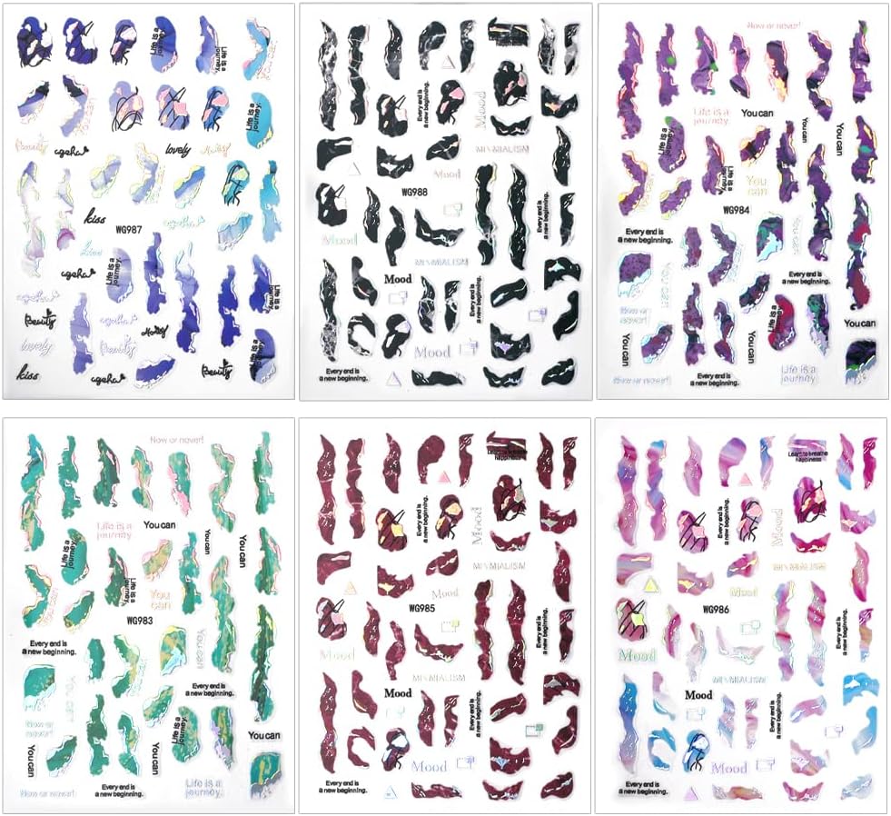 6 Color Marble Nail Art Stickers - Women's 3D Bronzing Silver & Watercolor Blooming Decals - Self Adhesive Foil Nail Designs-Velvo Beauty