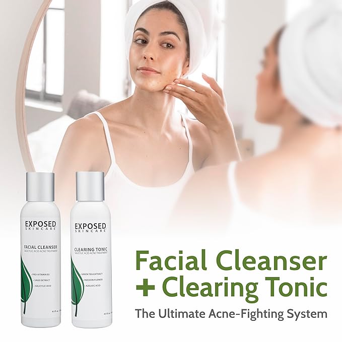 Exposed Skin Care Basic Acne Treatment Kit - Includes Salicylic Acid Face Wash, Clearing Tonic, Treatment Serum with Benzoyl Peroxide, Clear Pore Serum - Natural Acne Solution for All Skin Types-Velvo Beauty