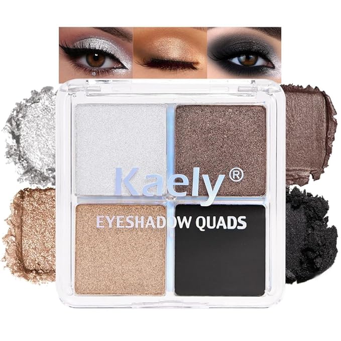 4 Colors Dark Brown Gold Silver Black Eye Shadow Powder Palette Makeup, Neutral Matte Shimmer Cream Quads Eyeshadow Palette for Women Highly Pigmented Waterproof, paleta de sombras de ojos 04-Velvo Beauty