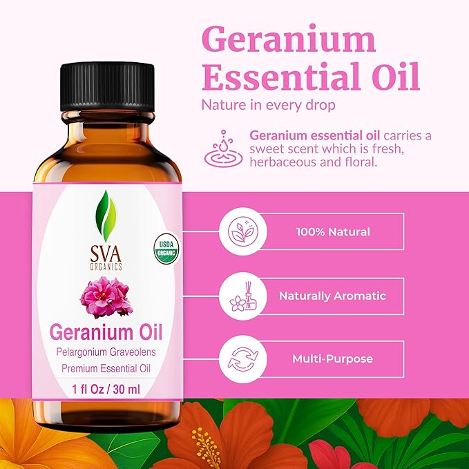 SVA Geranium Essential Oil Organic – 1 Fl Oz – 100% Natural Organic Geranium Oil - for Diffuser, Hair Care, Face, Skin Care, Aromatherapy, Scalp and Body Massage, Soap and Candle making – with Dropper-Velvo Beauty