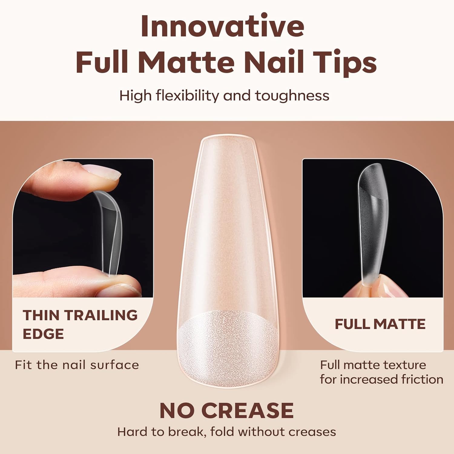 Modelones Long Coffin Nail Tips Fake Nails Gel Tips Full Matte Cover More Friction for Acrylic Professional Extension Gel Manicure Art Design 10 Sizes-Velvo Beauty