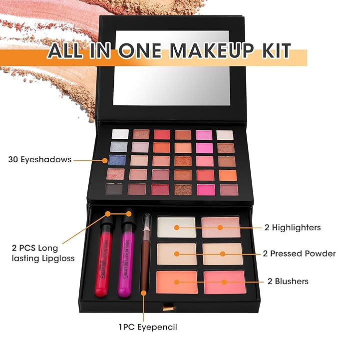All in One Makeup Kit,Makeup Palette Includes 30 Color Eyeshadow, 2 Color Highlighter，2 Color Pressed Powder，2 Color Blusher，2 Pcs lip gloss，1 Pcs Eyepencil, Mirror,Makeup Gift Set for Women (017Y)-Velvo Beauty