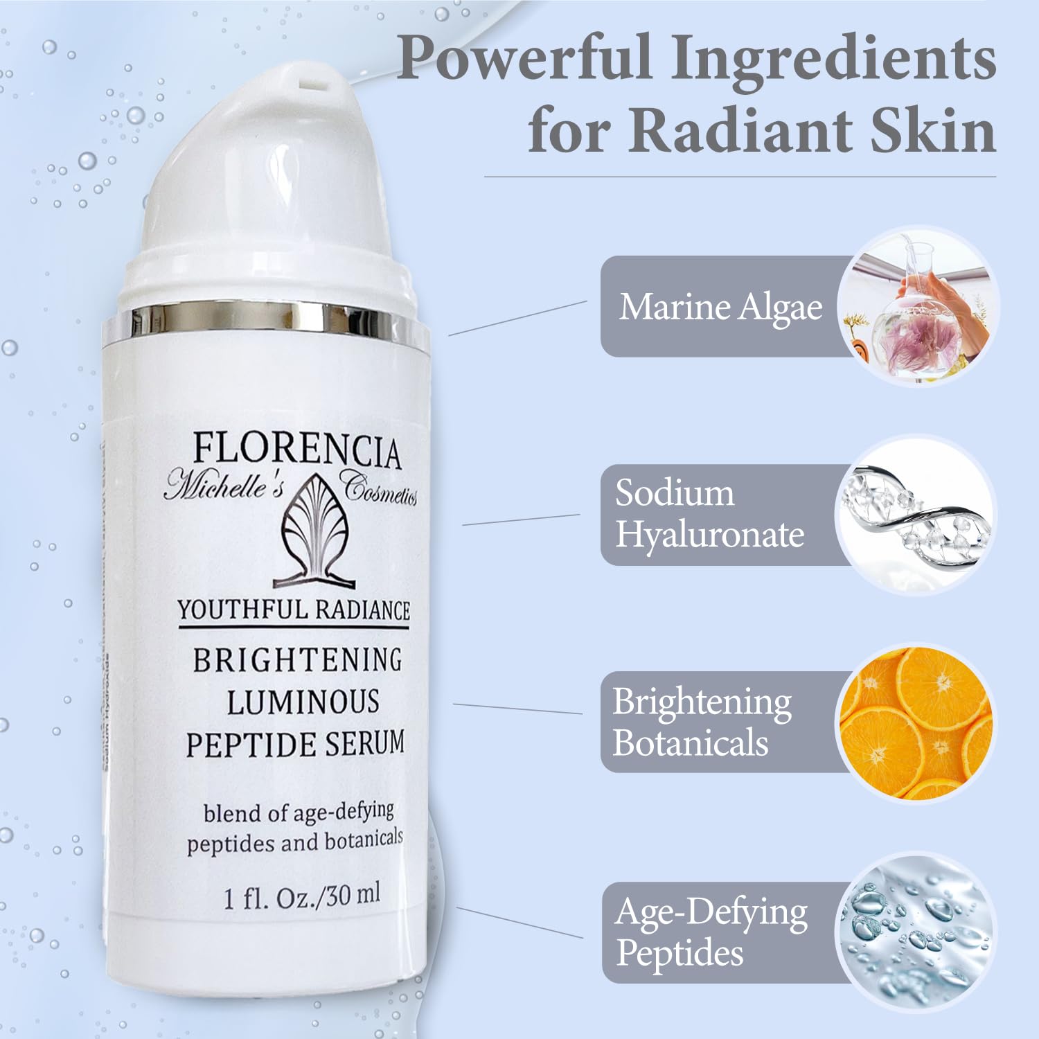 Florencia Brightening Luminous Peptide Serum - Age-Defying Face Serum with Peptides, Sodium Hyaluronate & Organic Botanicals – Helps to Reduce Wrinkles, Illuminate Complexion, 1 Oz-Velvo Beauty