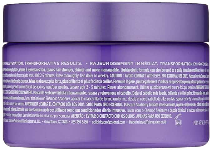 Obliphica Seaberry Hair Mask - Deep Conditioning Hydrating Treatment for Dry and Damaged Hair - Moisturizing Hair Repair and Growth Mask for Medium, Coarse, and Color-Treated Hair - 8.5 Ounces-Velvo Beauty