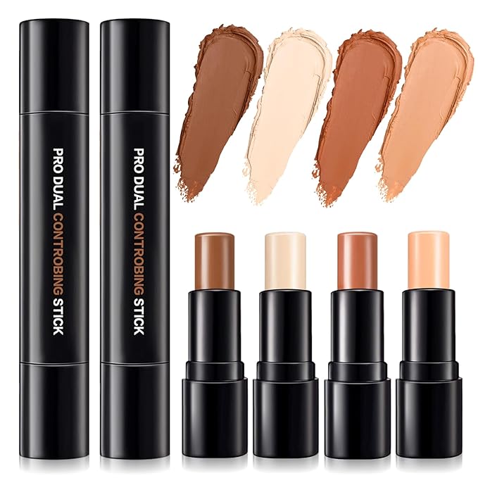4 Colors Cream Contour, Stick Palette, Contouring Concealer, Stick Primer, Face Makeup Kit for Beginners, Cream Concealer and Highlight Stick(#1+3)-Velvo Beauty