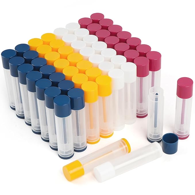 LotFancy Lip Balm Tubes, 60 Empty, 5.5ml, Clear Plastic Containers with 4 Color Caps, BPA Free, Leak Free, Refillable (Yellow White Blue Red)-Velvo Beauty