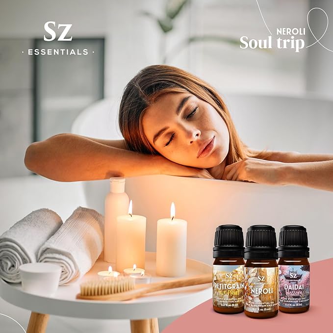 Neroli Soul Trip Essential Oils Collection- Neroli + Petitgrain Sur Fleurs + Dai Dai Blossom -Set of 3 Bottles (0.17 Fl Oz- 5ml each)- 100% Pure & Undiluted - Therapeutic Grade & Vegan-Velvo Beauty