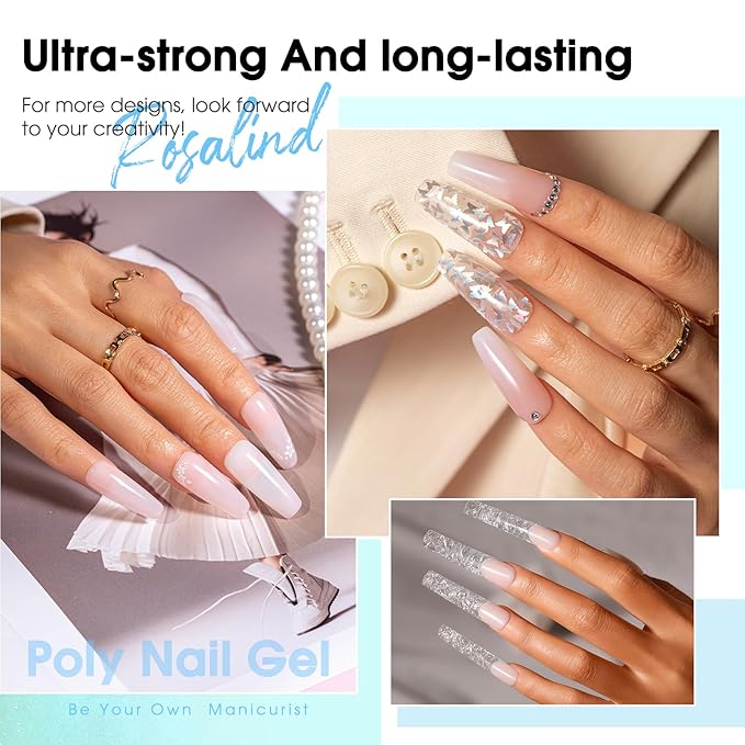 ROSALIND Poly Nail Gel Kit -12 Colors + Nail Art Accessories Kit Summer Neon Poly Nails Gel Kit Starter Kit With Slip Solution Pro Bright Colors Nail Extensions Gel Set with Mini UV Lamp-Velvo Beauty