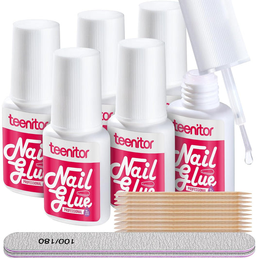 Teenitor Strong Nail Glue, 42ml Professional for Press Ons, Brush-On for Acrylic Nails, Bond With File, Long Lasting, 10 Pcs-Velvo Beauty