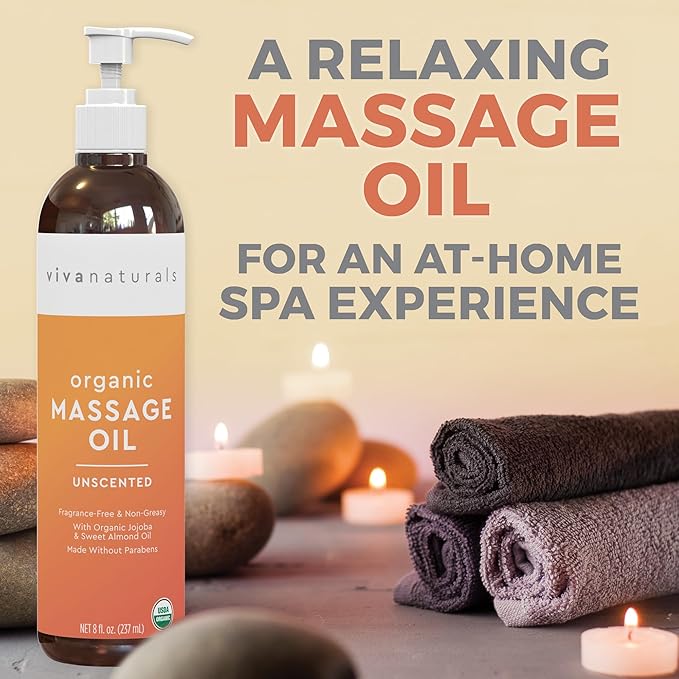 Viva Naturals Organic Massage Oil Unscented (8 fl. oz.) - Non-Greasy Body Oil with Mess-Free Pump, Moisturizing Massage Oils for Massage Therapy, Non-GMO and Certified Organic, 237 mL-Velvo Beauty