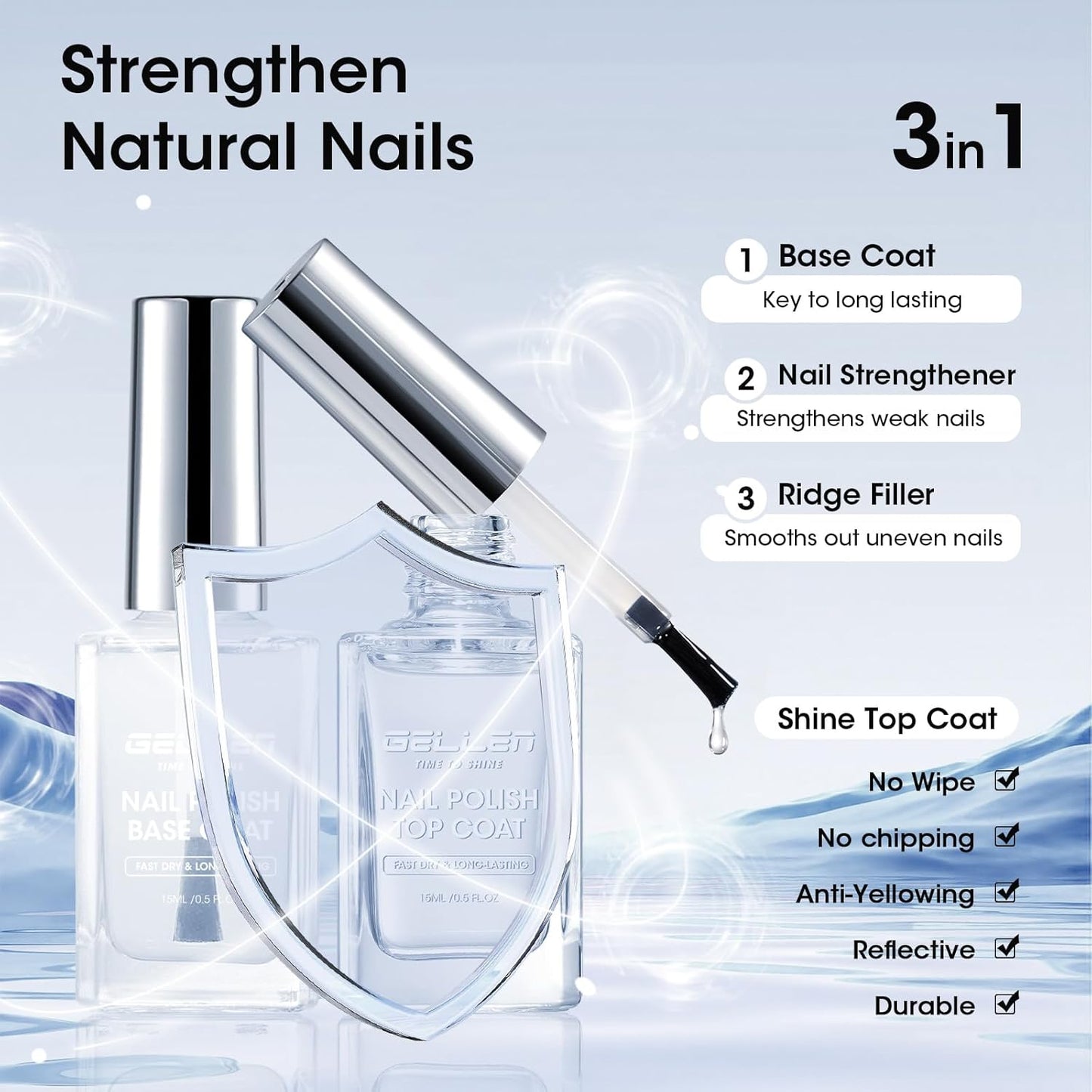 GELLEN Clear Nail Polish Base Top Coat, No Wipe High Gloss Shine Top Coat Quick Dry, Sheer Nail Base Coat Strengthener Strengthens Nails - Calcium Formula, Non UV Gel, Hema Free, Non-toxic, No Chip-Velvo Beauty
