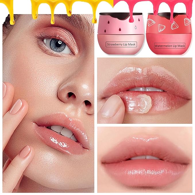 4 PCS Bee Lip Balm Lip Mask Honey Pot,Honey&Strawberry&Watermelon&Apple Lime Lip Sleeping Mask,Moisturizing Lip Mask Overnight Prevention Dry and Cracked Lip Scrubs Exfoliator Lip Care-Velvo Beauty